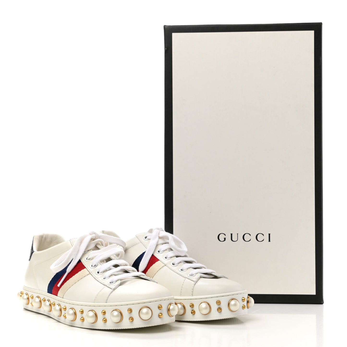 Calfskin Ayers Web Pearl Studded Womens Ace Sneakers 37 White