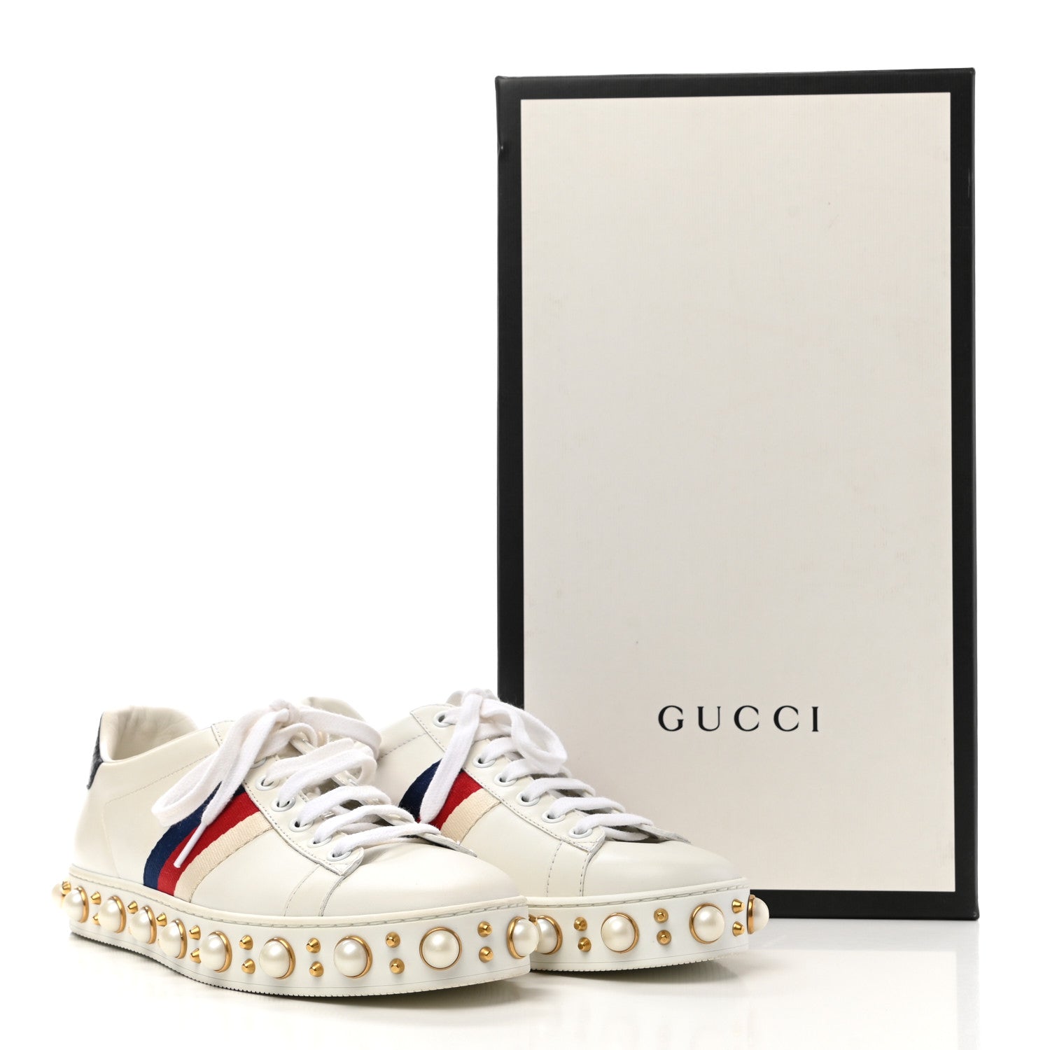 Gucci Calfskin Ayers Web Pearl Studded Womens Ace Sneakers 37 White 9 of 9