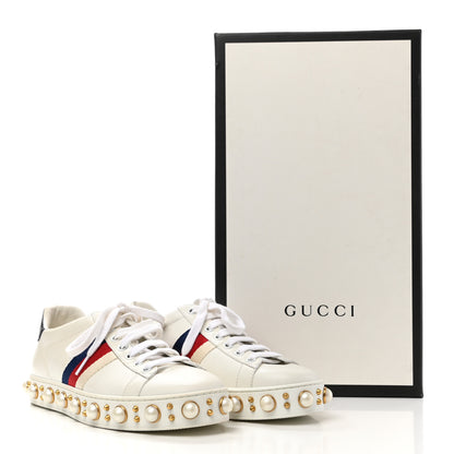 Gucci Calfskin Ayers Web Pearl Studded Womens Ace Sneakers 37 White 9 of 9