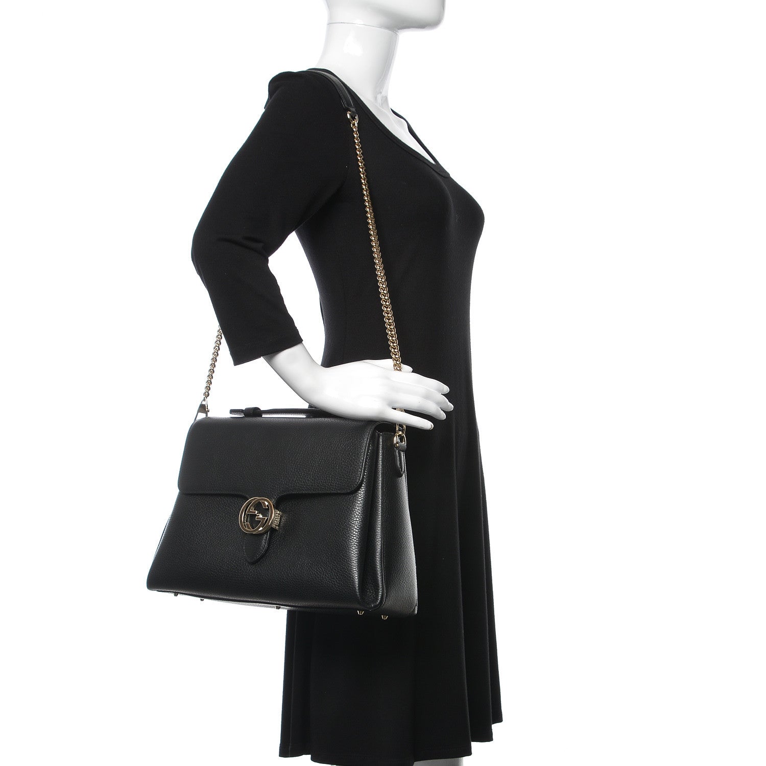 Gucci Dollar Calfskin Medium Interlocking G Top Handle Shoulder Bag Black 2 of 14