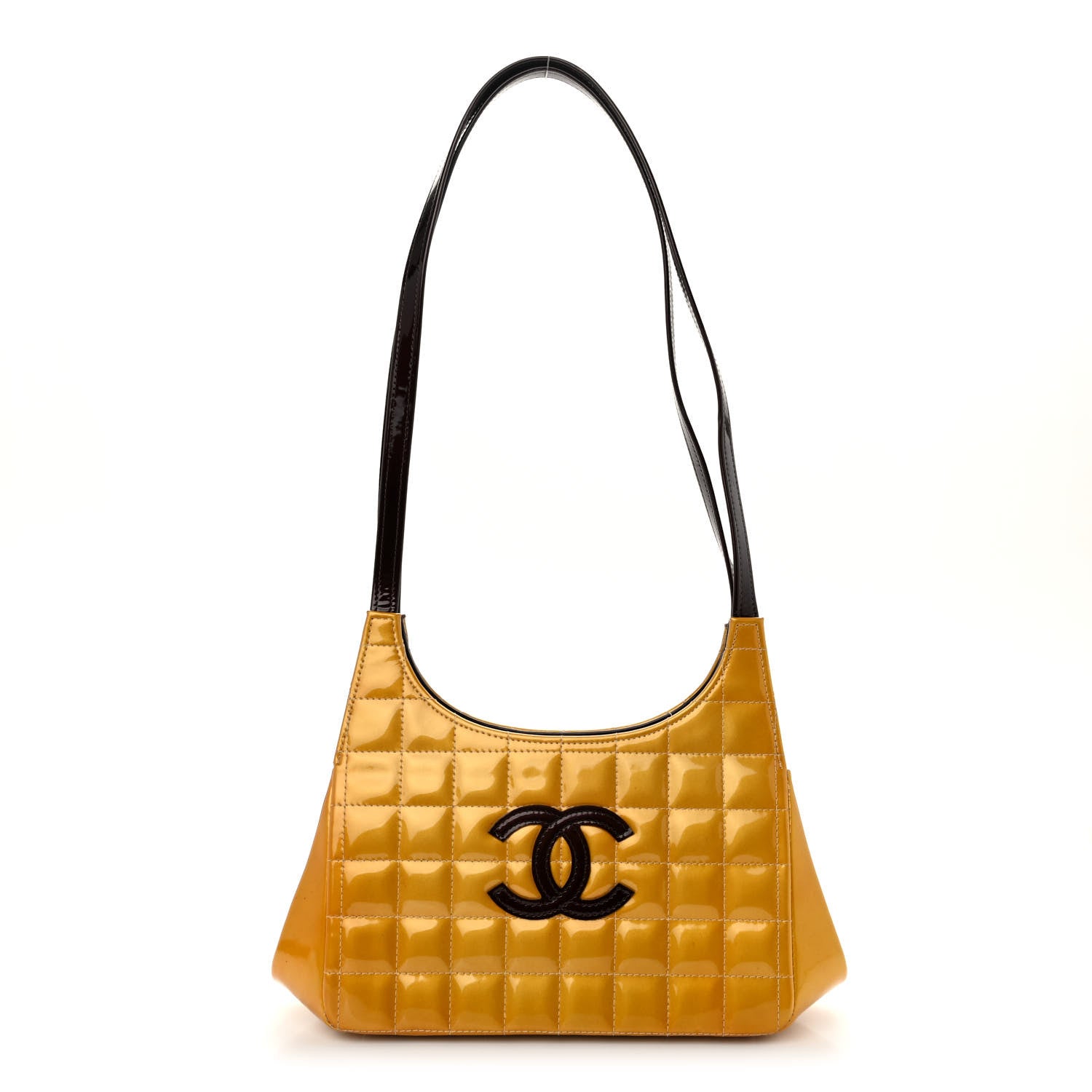 Chanel Patent Metallic Quilted Chocolate Bar Kiss Lock CC Shoulder Bag Gold 1 of 9