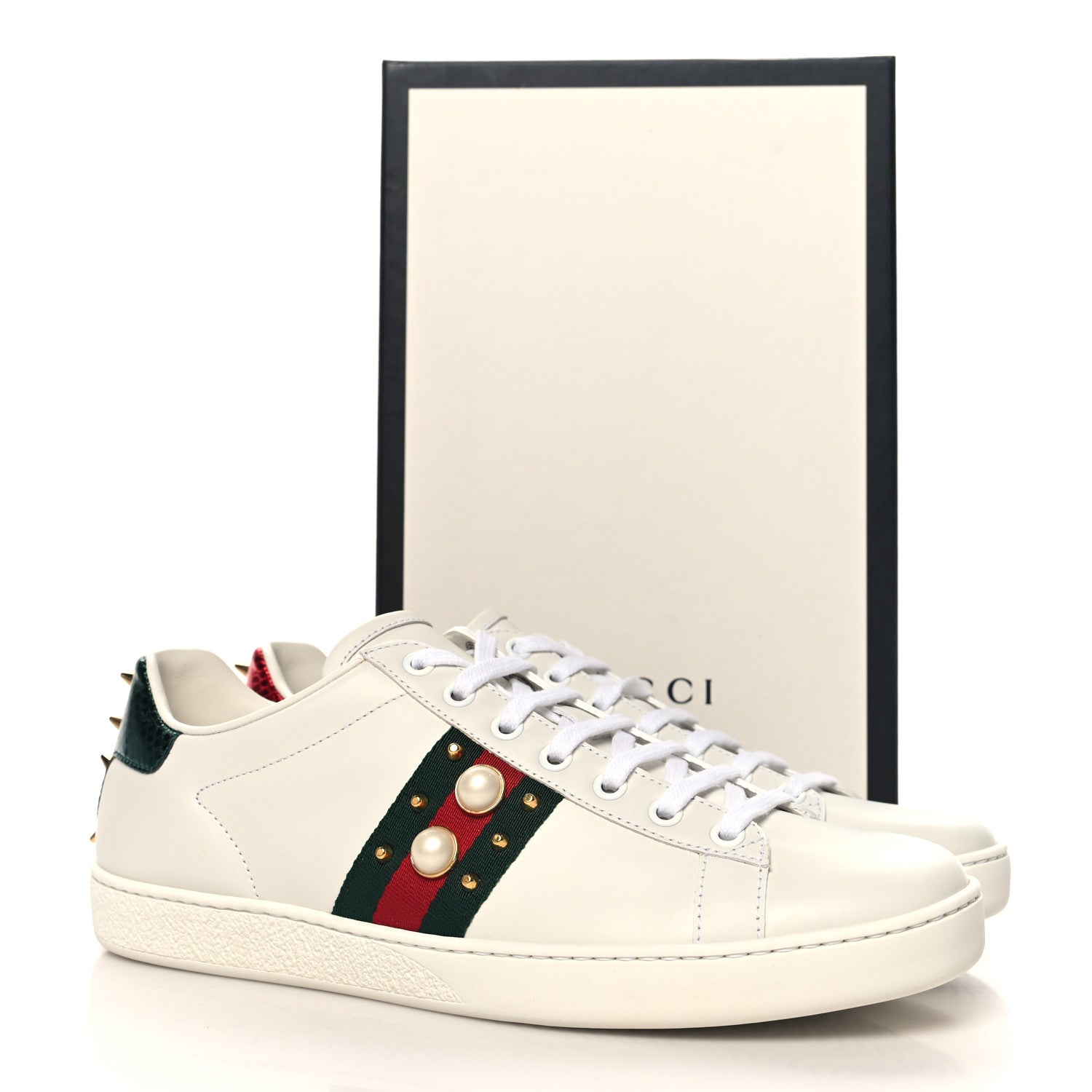 Gucci Calfskin Web Pearl Studded Womens Ace Sneakers 39.5 White 10 of 10