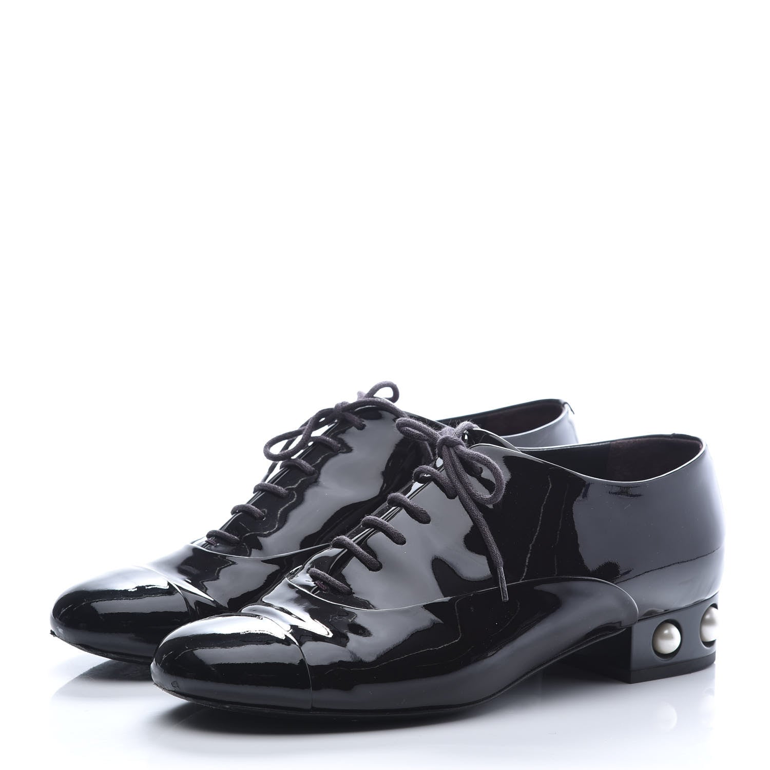Chanel Patent Calfskin Pearl CC Lace Up Oxfords 38 Burgundy Black 2 of 10