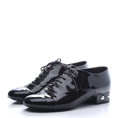 Chanel Patent Calfskin Pearl CC Lace Up Oxfords 38 Burgundy Black 2 of 10