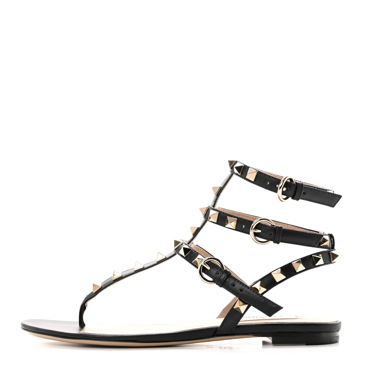 Calfskin Rockstud Ankle Wrap Flat Thong Sandals 36 Black
