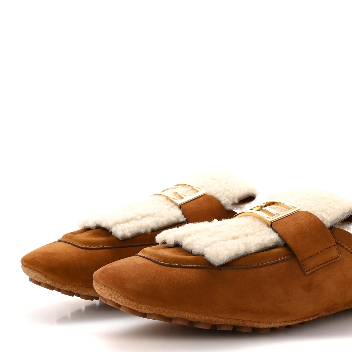 Suede Shearling Baguette Mules 38 Caramello Latte