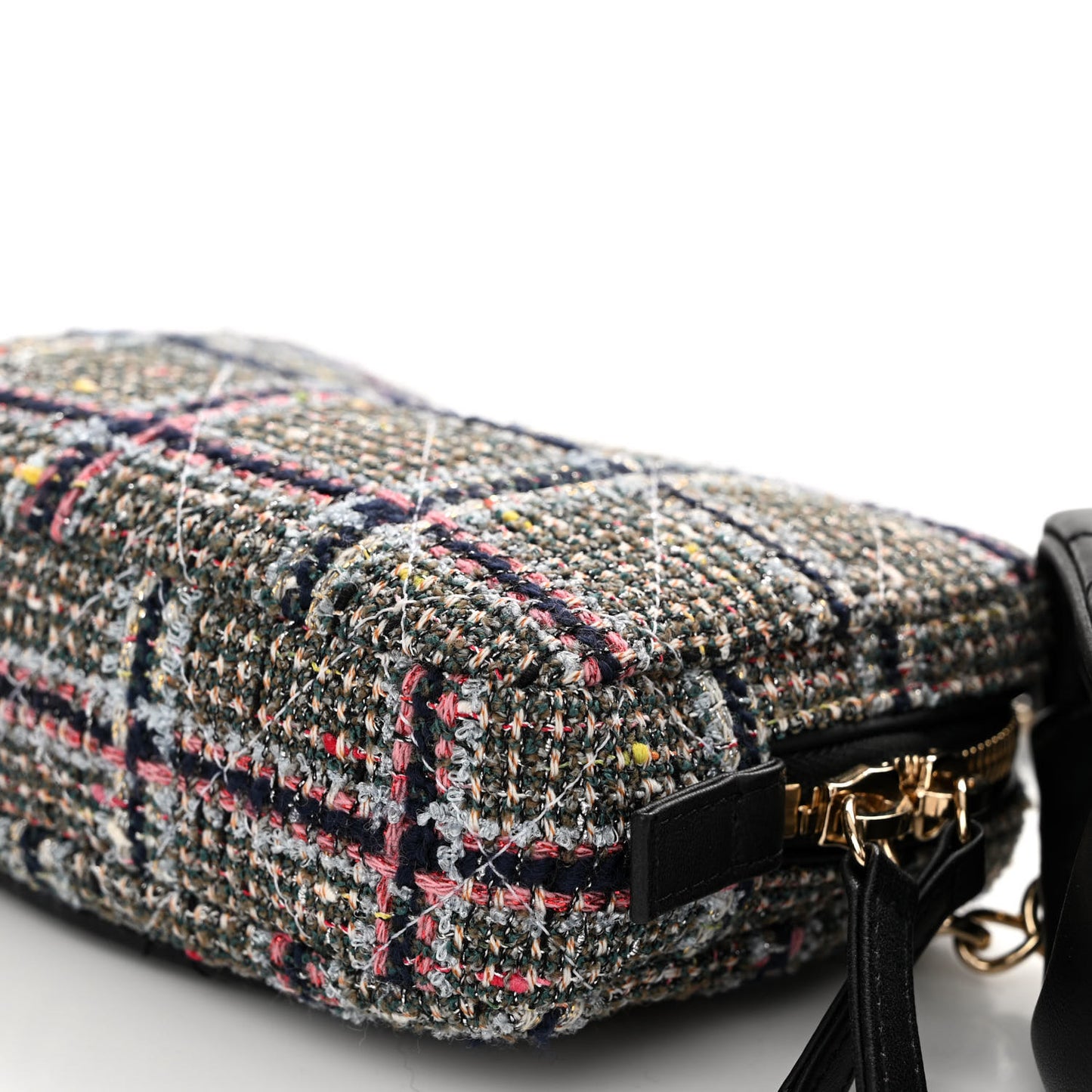 Tweed Lambskin Quilted Double Belt Bag Black