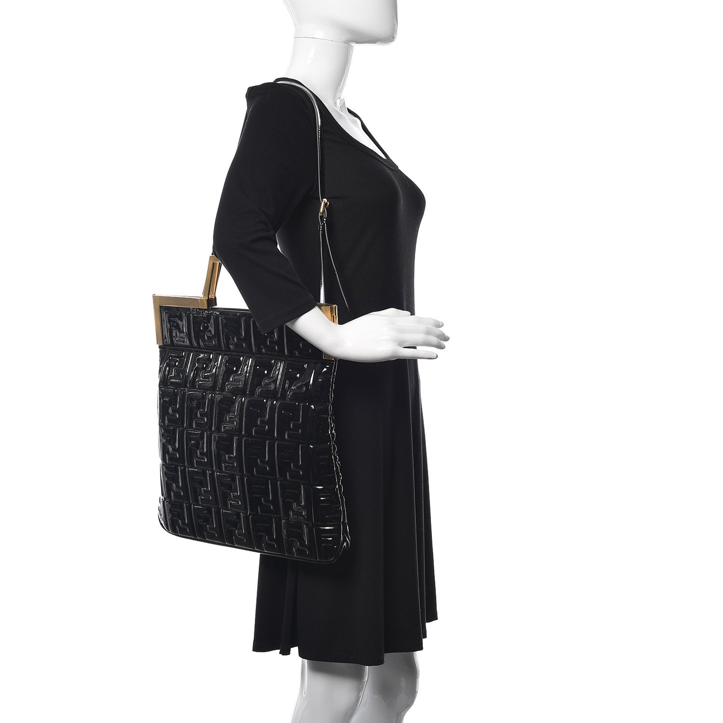 Patent FF 1974 Embossed Medium Shopping Flap Bag Black