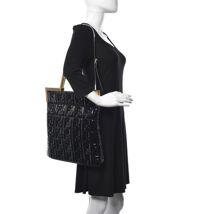 Fendi Patent FF 1974 Embossed Medium Shopping Flap Bag Black 2 of 13