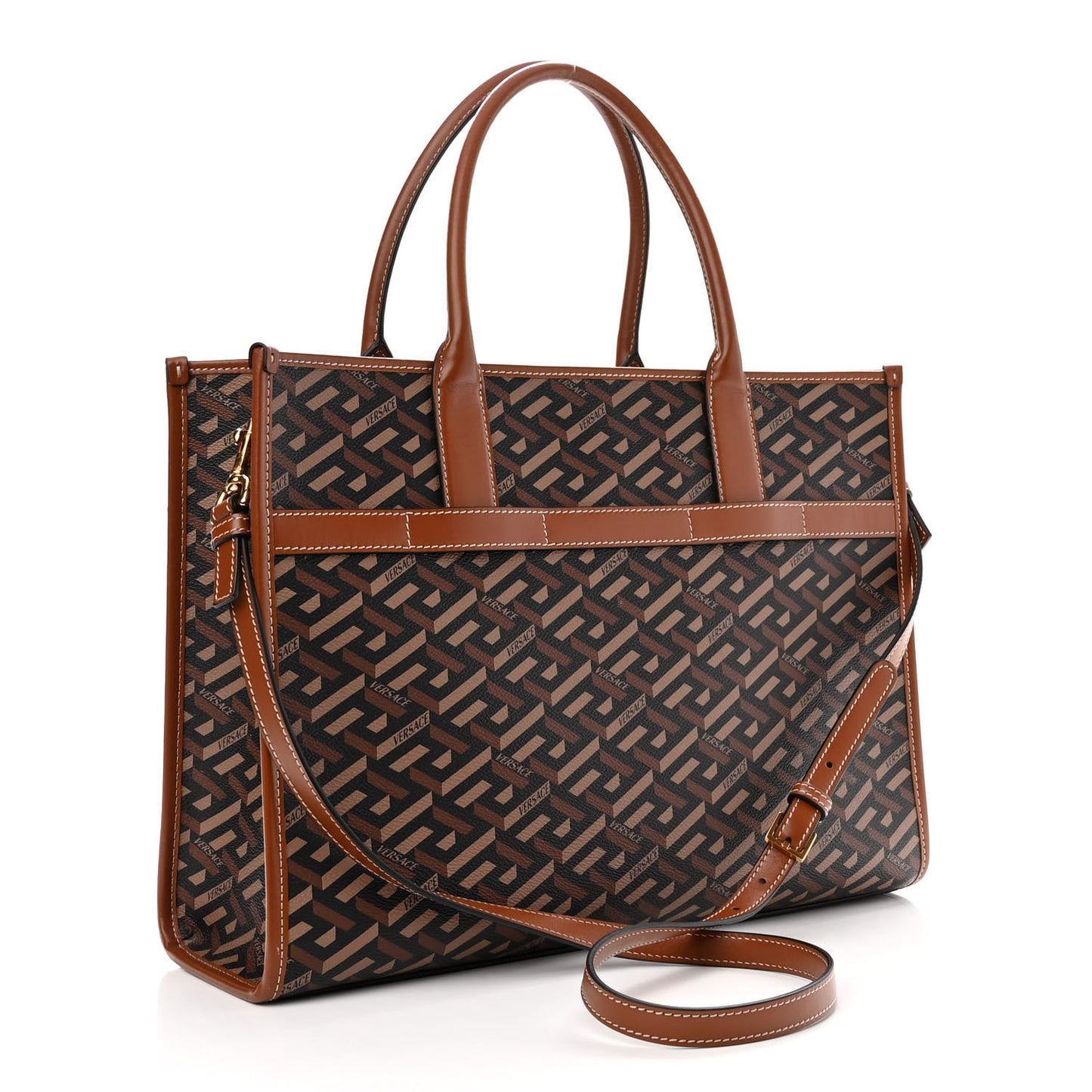 Coated Canvas Calfskin La Greca Signature Tote Bag Black Caramel