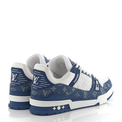 Louis Vuitton Calfskin Embossed Monogram Denim Mens LV Trainer Sneakers 12 Blue 4 of 8