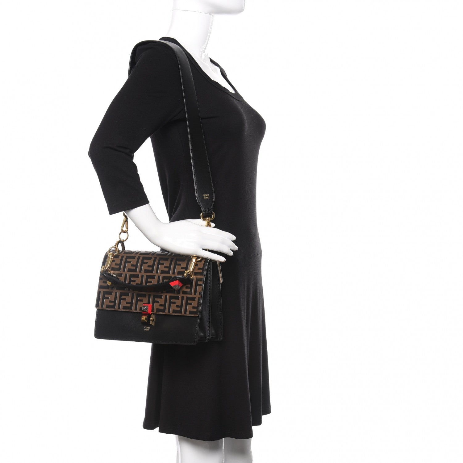 Fendi Vitello Liberty Bi-Color FF 1974 Embossed Kan I Shoulder Bag Black Maya 2 of 11