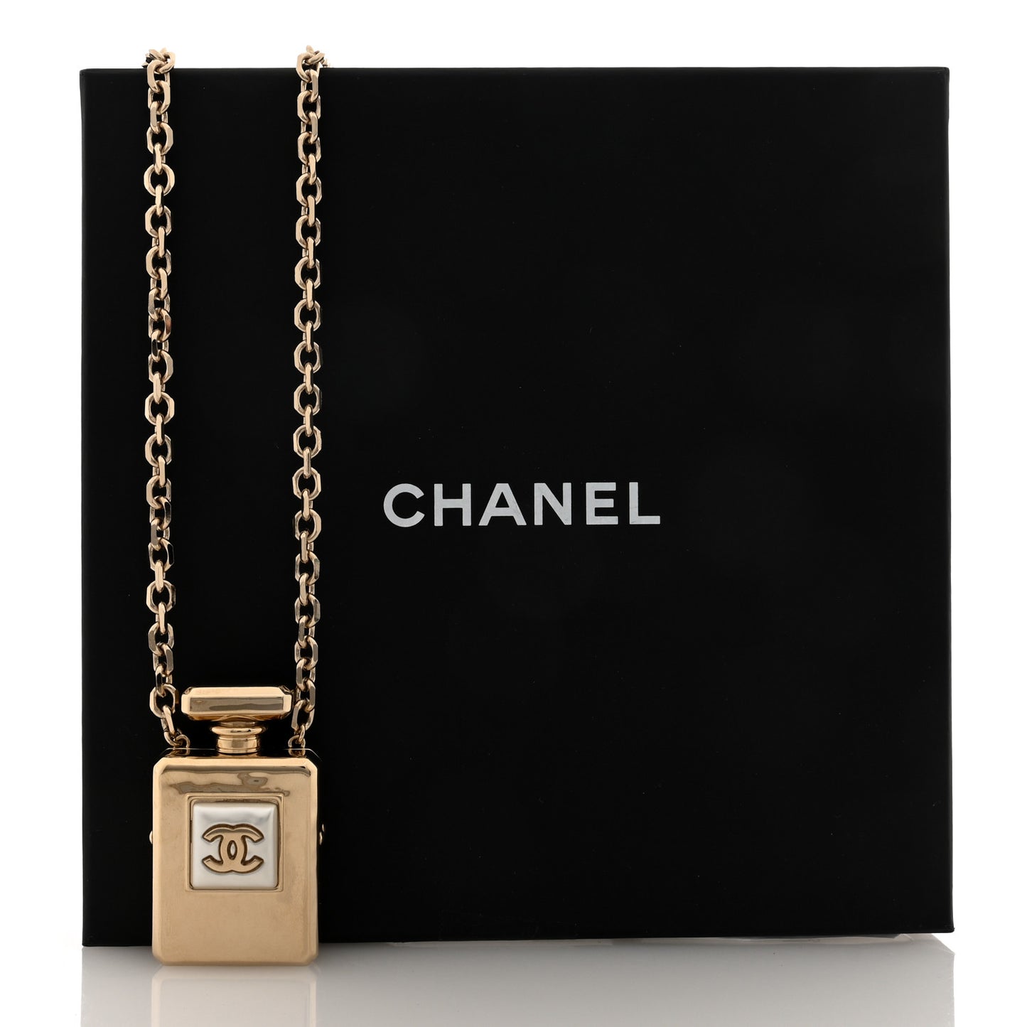 Metal Pearl Perfume Bottle CC Locket Necklace Gold