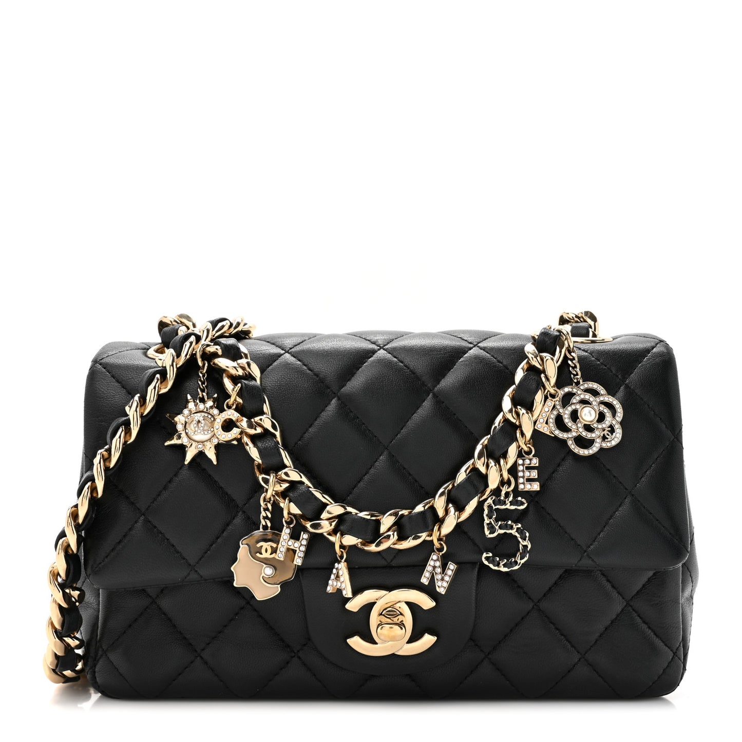 Lambskin Quilted Mini Coco Charms Rectangular Flap Black