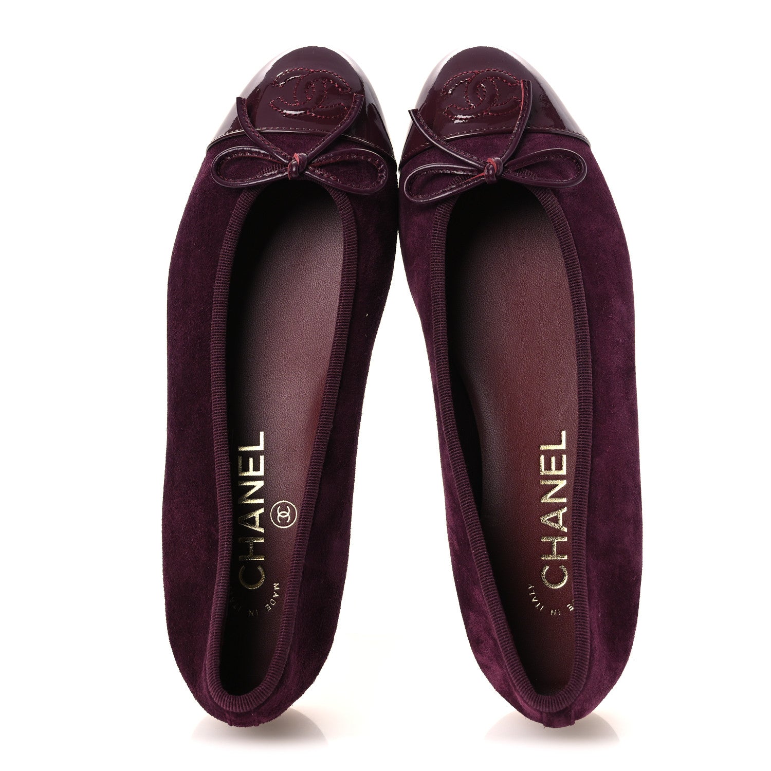 Chanel Suede Calfskin Patent Cap Toe CC Ballerina Flats 36 Burgundy 2 of 11