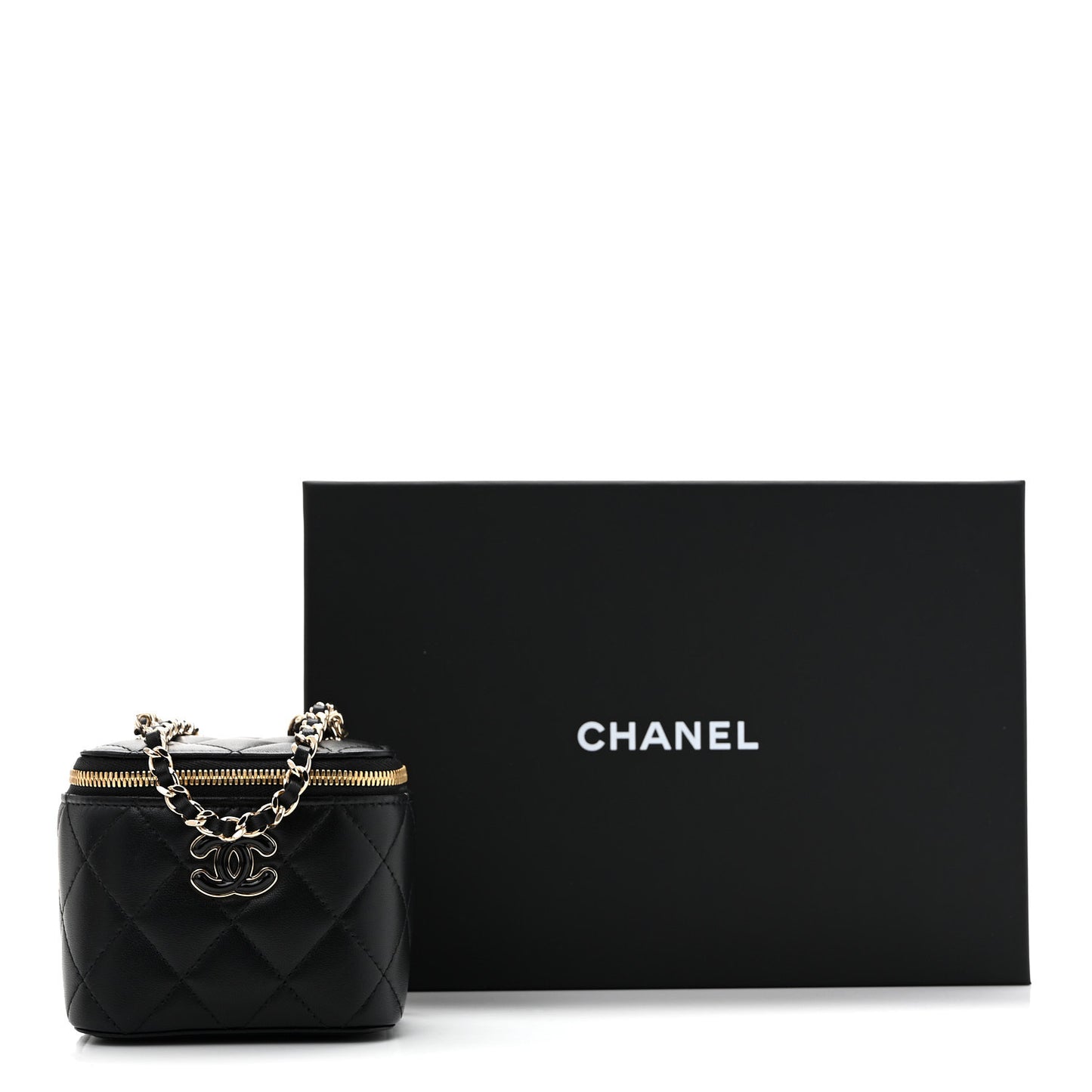 Lambskin Quilted Mini Enamel Vanity Case With Chain Black