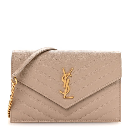Saint Laurent Grain De Poudre Matelasse Chevron Monogram Envelope Chain Wallet Dark Beige 1 of 11