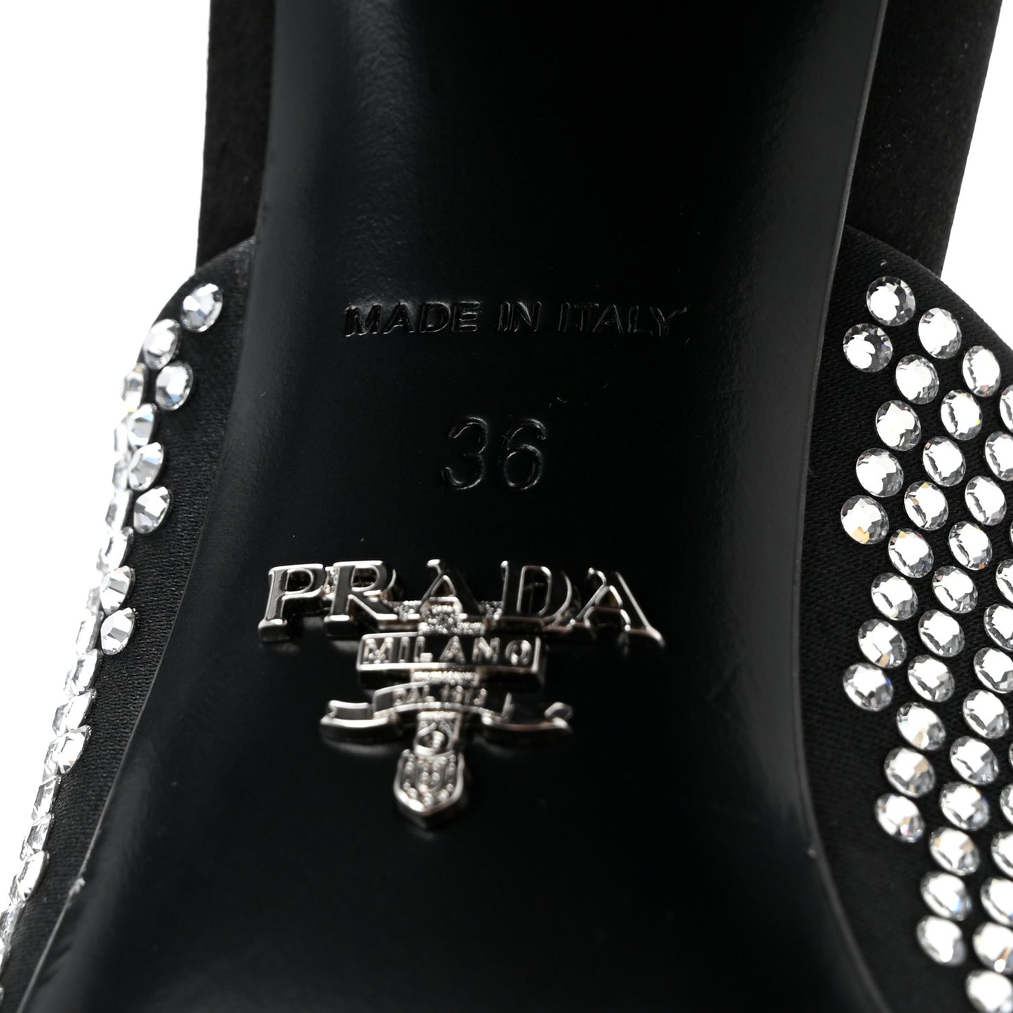 Satin Crystal Logo 90mm Slide Sandals 36 Cristal