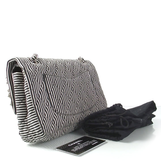 Chanel Canvas Sequin Stripe Medium Double Flap Black White 3 of 9