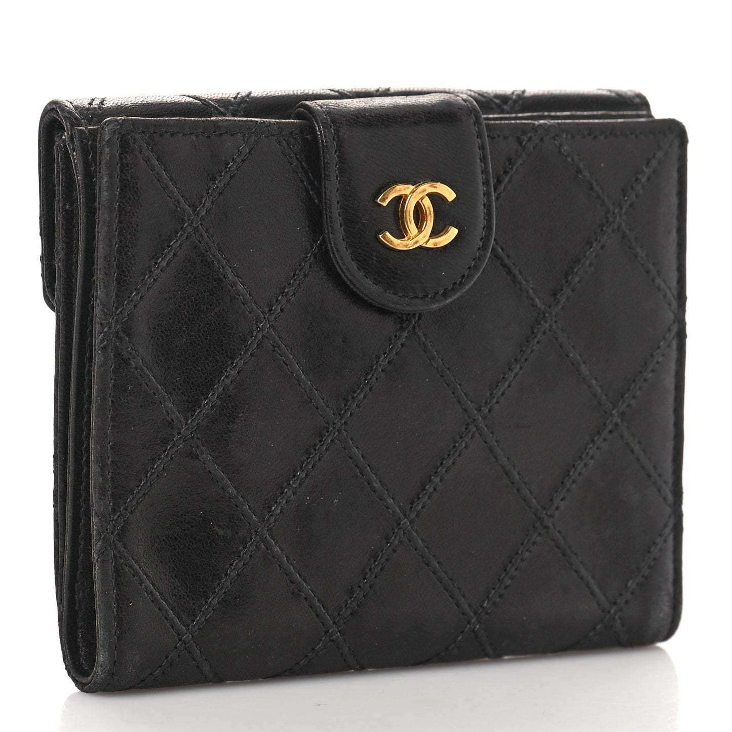 Calfskin Diamond Stitched Compact Wallet Black