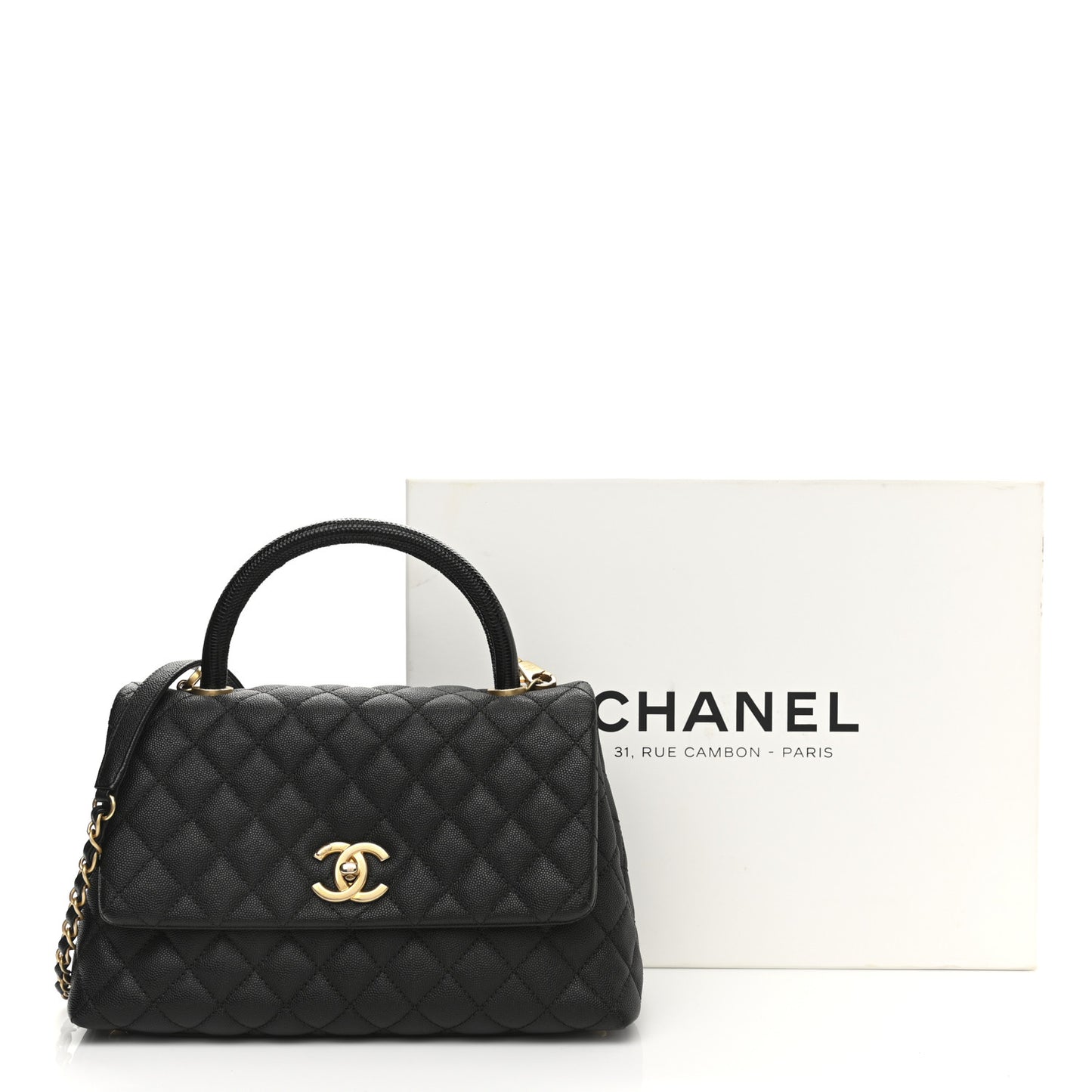Caviar Lizard Quilted Small Coco Handle Flap Black