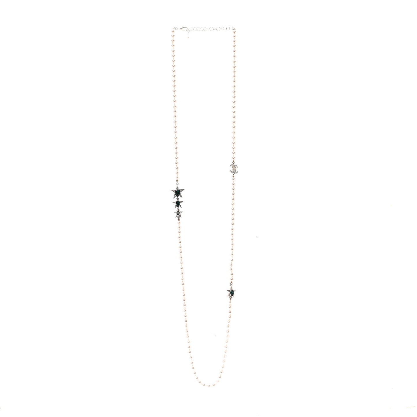 Pearl Star CC Long Necklace Green White Silver