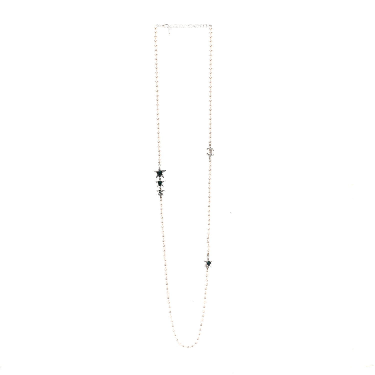 Chanel Pearl Star CC Long Necklace Green White Silver 3 of 6