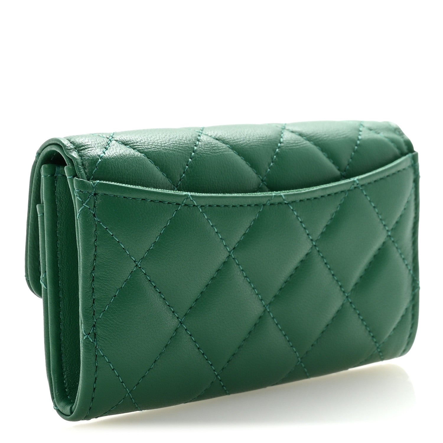 Chanel Lambskin Quilted Flap Card Holder Wallet Green 3 of 9
