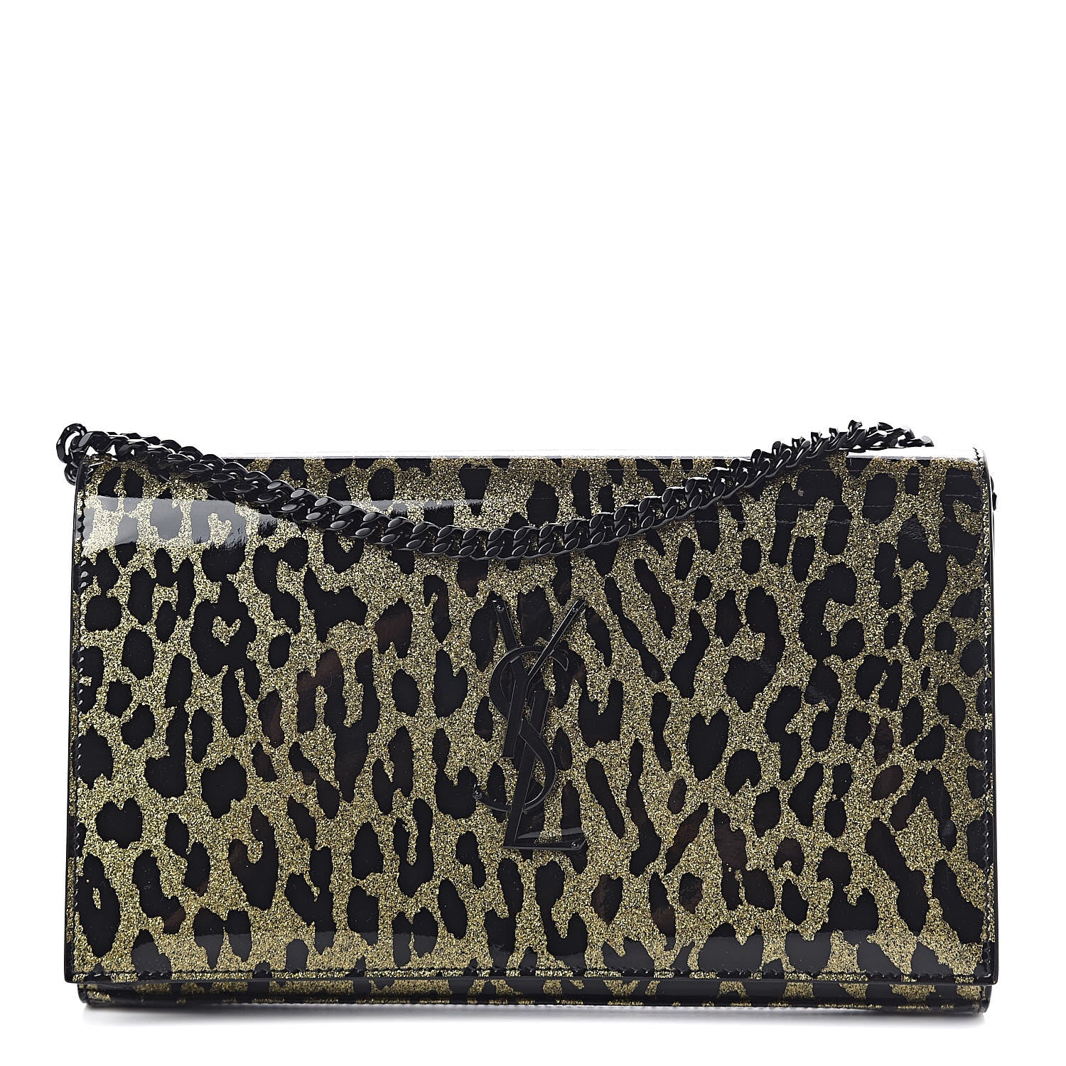 Saint Laurent Patent Leopard Print Monogram Chain Wallet Leopard Black Gold 1 of 10