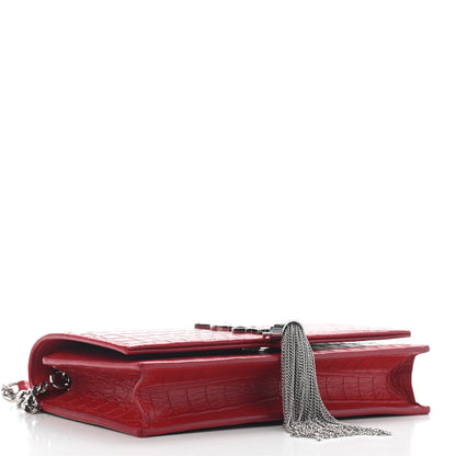 Saint Laurent Calfskin Crocodile Embossed Kate Monogram Tassel Chain Wallet Red 4 of 8
