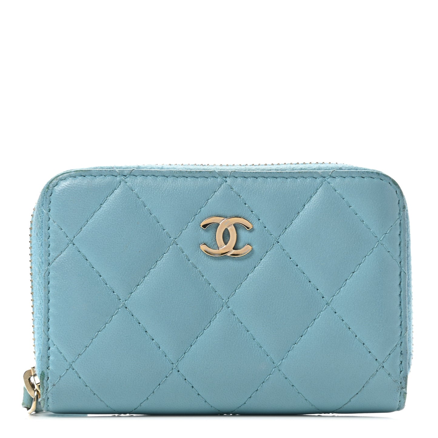 Lambskin Quilted Zip Around Coin Purse Wallet Light Blue