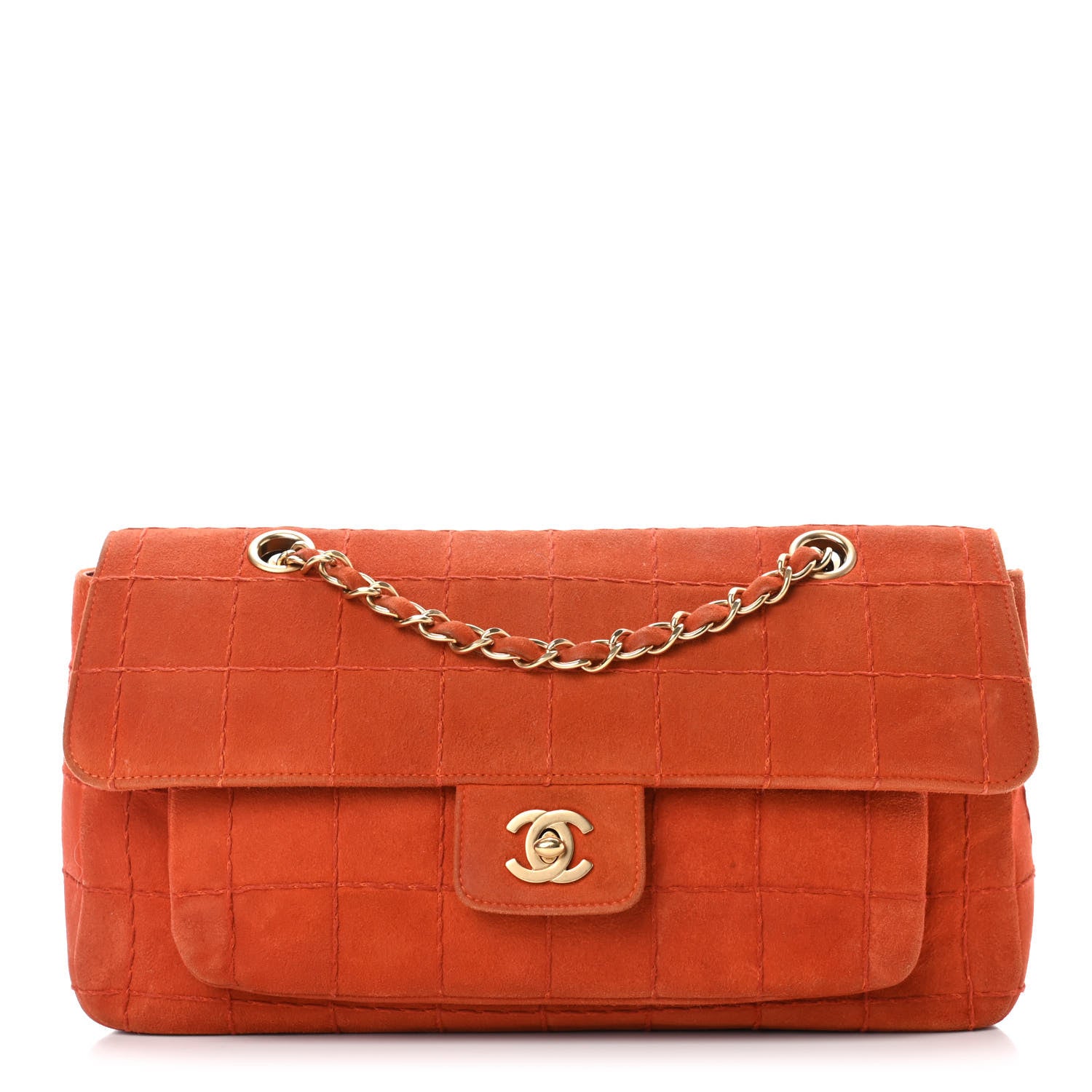 Chanel Suede Square Double Stitch Flap Orange 1 of 17
