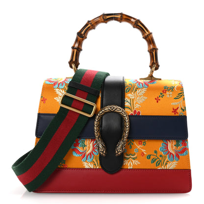 Gucci Satin Calfskin Bamboo Web Tokyo Print Medium Dionysus Top Handle Bag Giallo Multicolor Blue Agata Hibiscus Red 1 of 10
