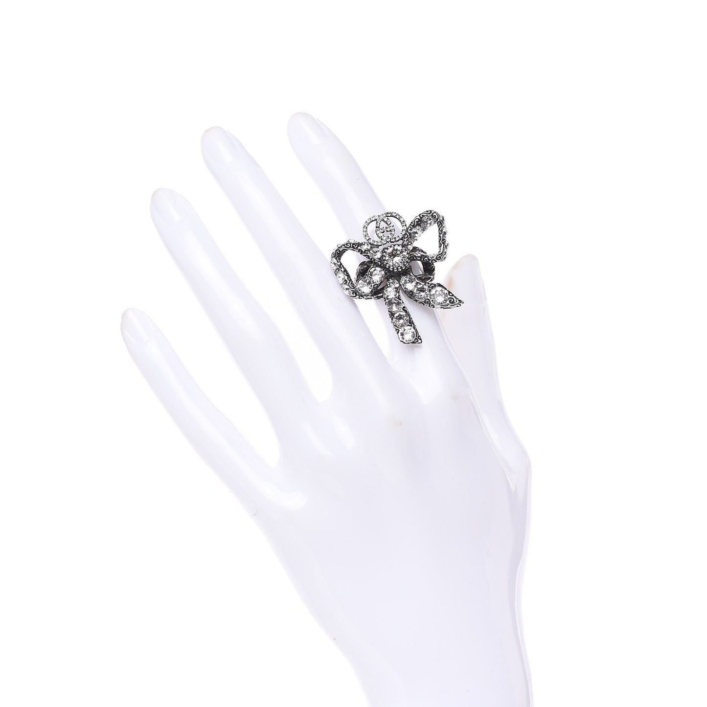 Metal Crystal Bow Ring 5 Aged Silver