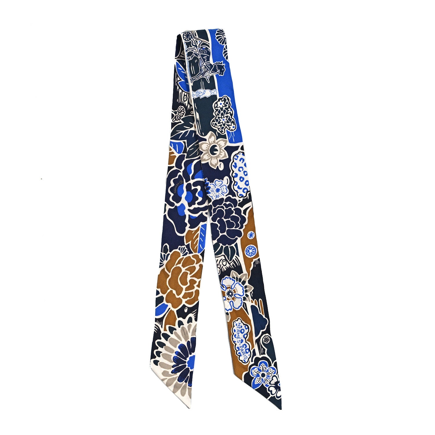 Hermes Silk Bingata Twilly Marine Tabac White 2 of 4