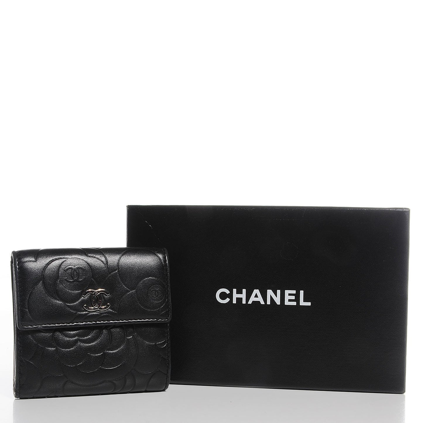 Lambskin Camellia Embossed French Wallet Black
