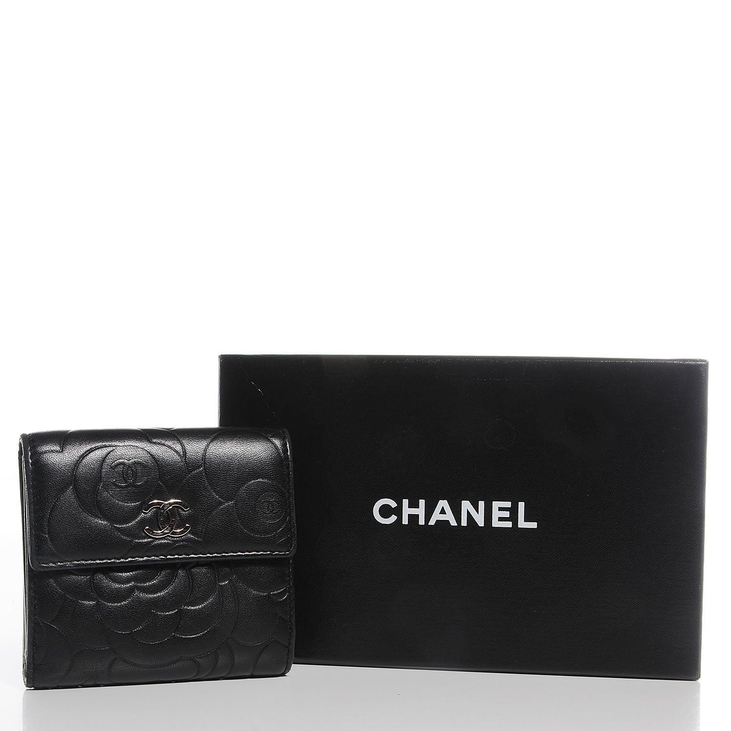 Chanel Lambskin Camellia Embossed French Wallet Black 5 of 9
