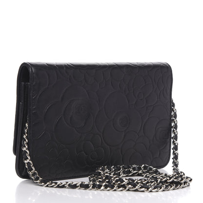 Chanel Lambskin Camellia Embossed Wallet on Chain WOC Black 3 of 12