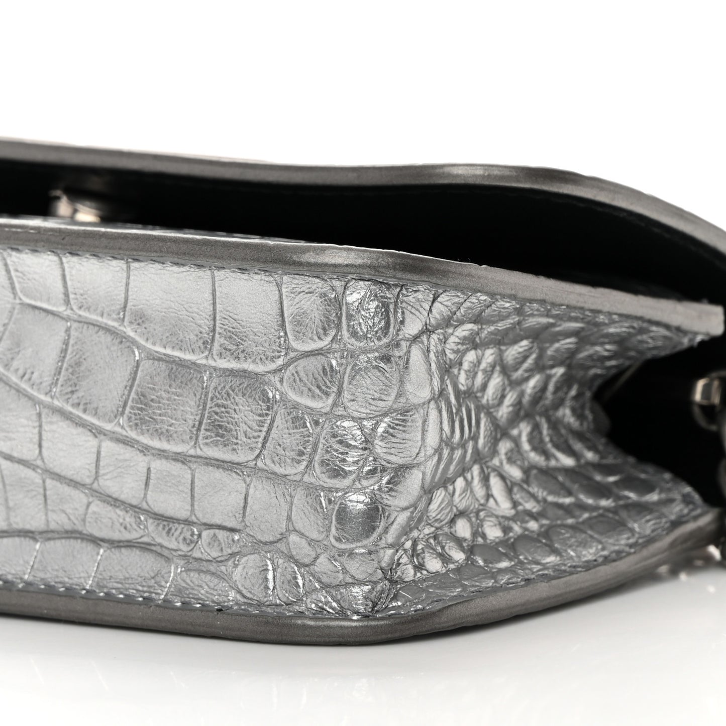 Metallic Extra Supple Calfskin Crocodile Embossed Gossip Wallet On Chain Silver