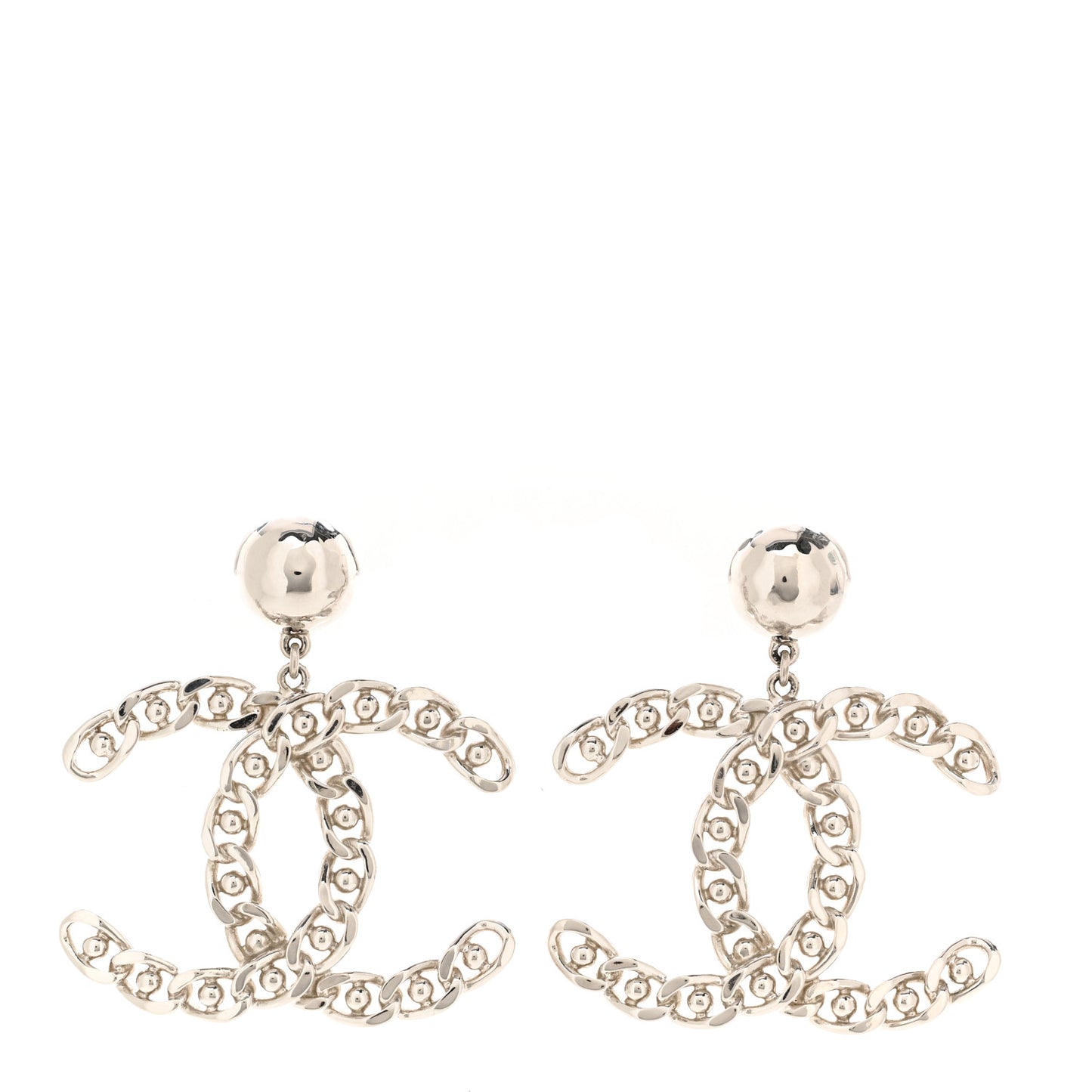 Pearl Chain Link CC Drop Earrings Silver
