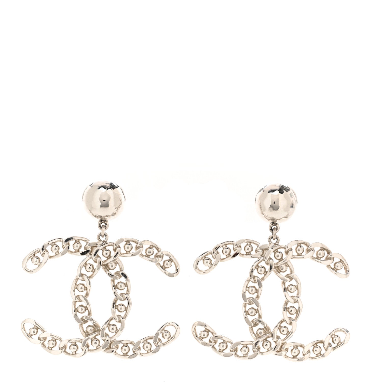 Chanel Pearl Chain Link CC Drop Earrings Silver 1 of 4