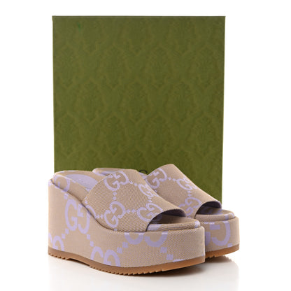 Gucci Monogram Jumbo GG Platform Slide Wedge Sandals 37.5 Beige Lapis 9 of 9