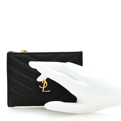 Saint Laurent Grain De Poudre Matelasse Chevron Monogram Zipped Card Case Black 2 of 6