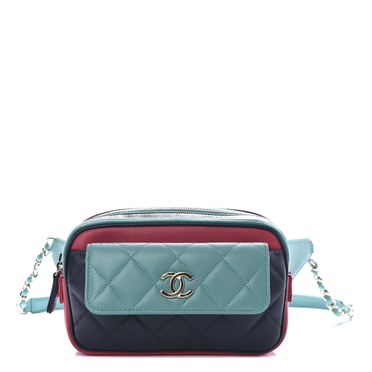 Goatskin Quilted Tri-Color In & Out Waist Bag Navy Turquoise Pink