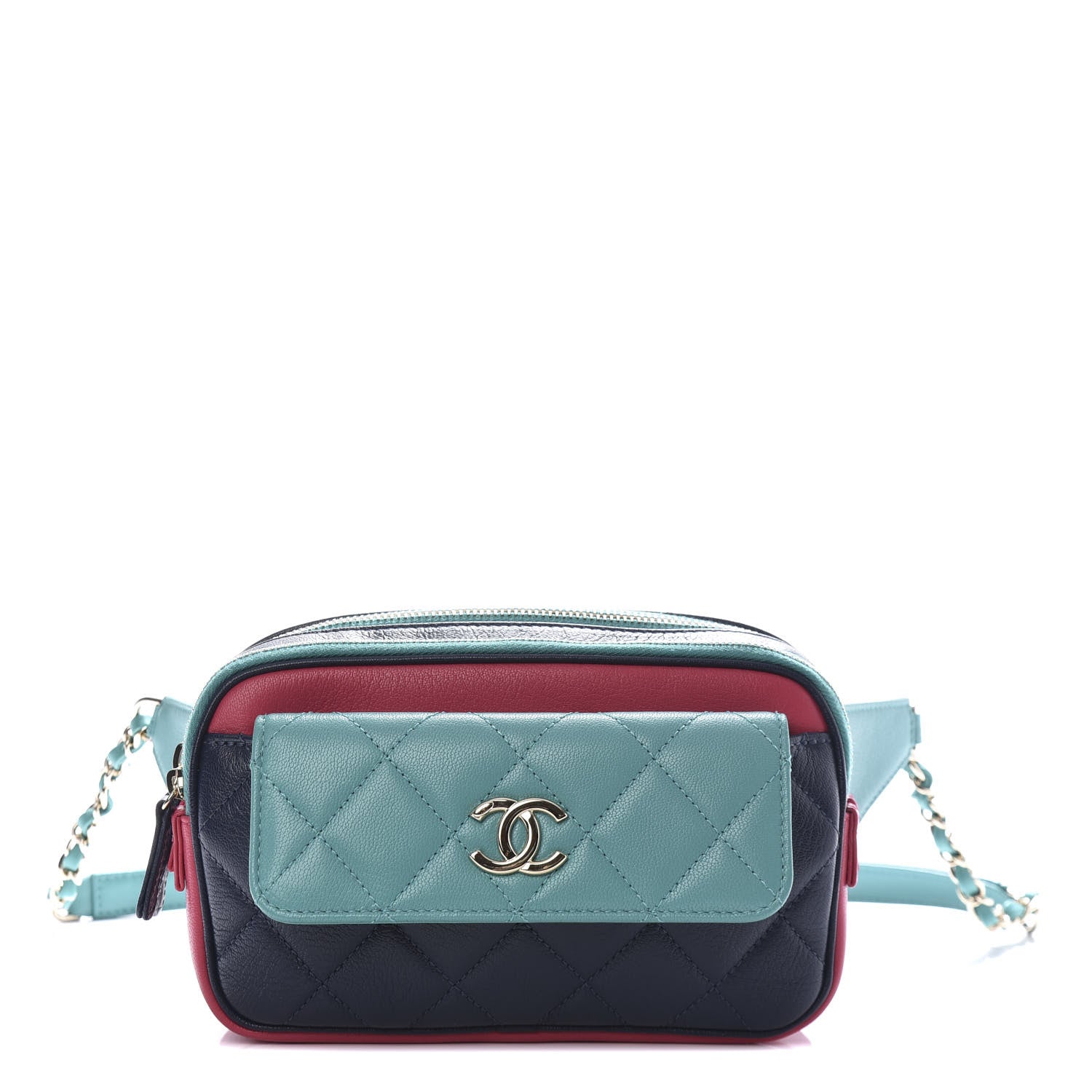 Chanel Goatskin Quilted Tri-Color In & Out Waist Bag Navy Turquoise Pink 1 of 11