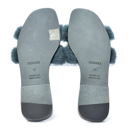 Hermes Mink Fur Oran Sandals 36 Bleu Paon 6 of 11