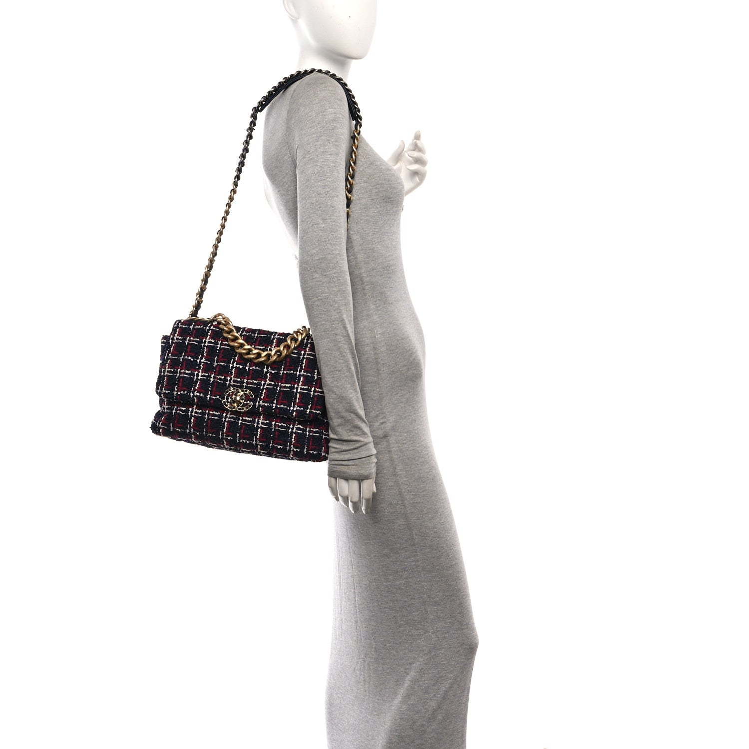 Chanel Tweed Quilted Large Chanel 19 Flap Navy Blue White Red 2 of 12