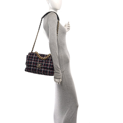 Chanel Tweed Quilted Large Chanel 19 Flap Navy Blue White Red 2 of 12