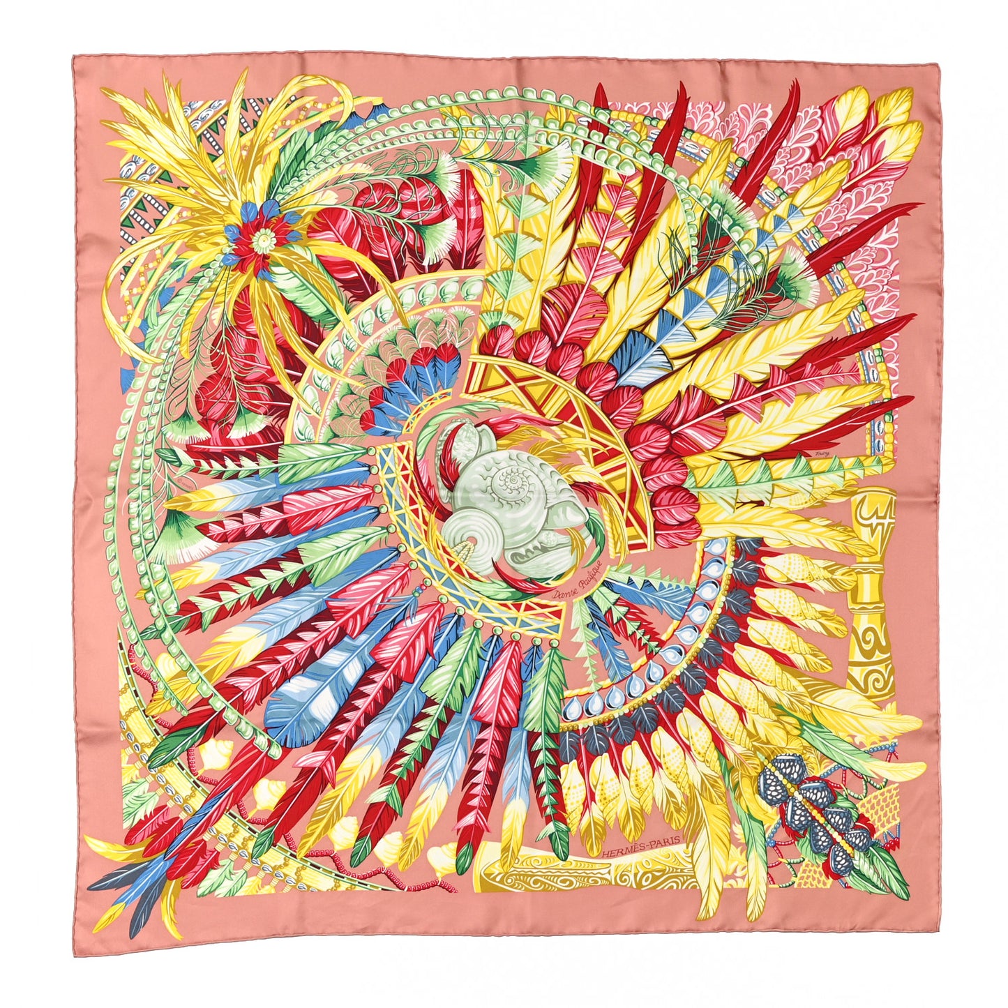 Silk Danse Pacifique Scarf 90 Vieux Rose Vert Jaune