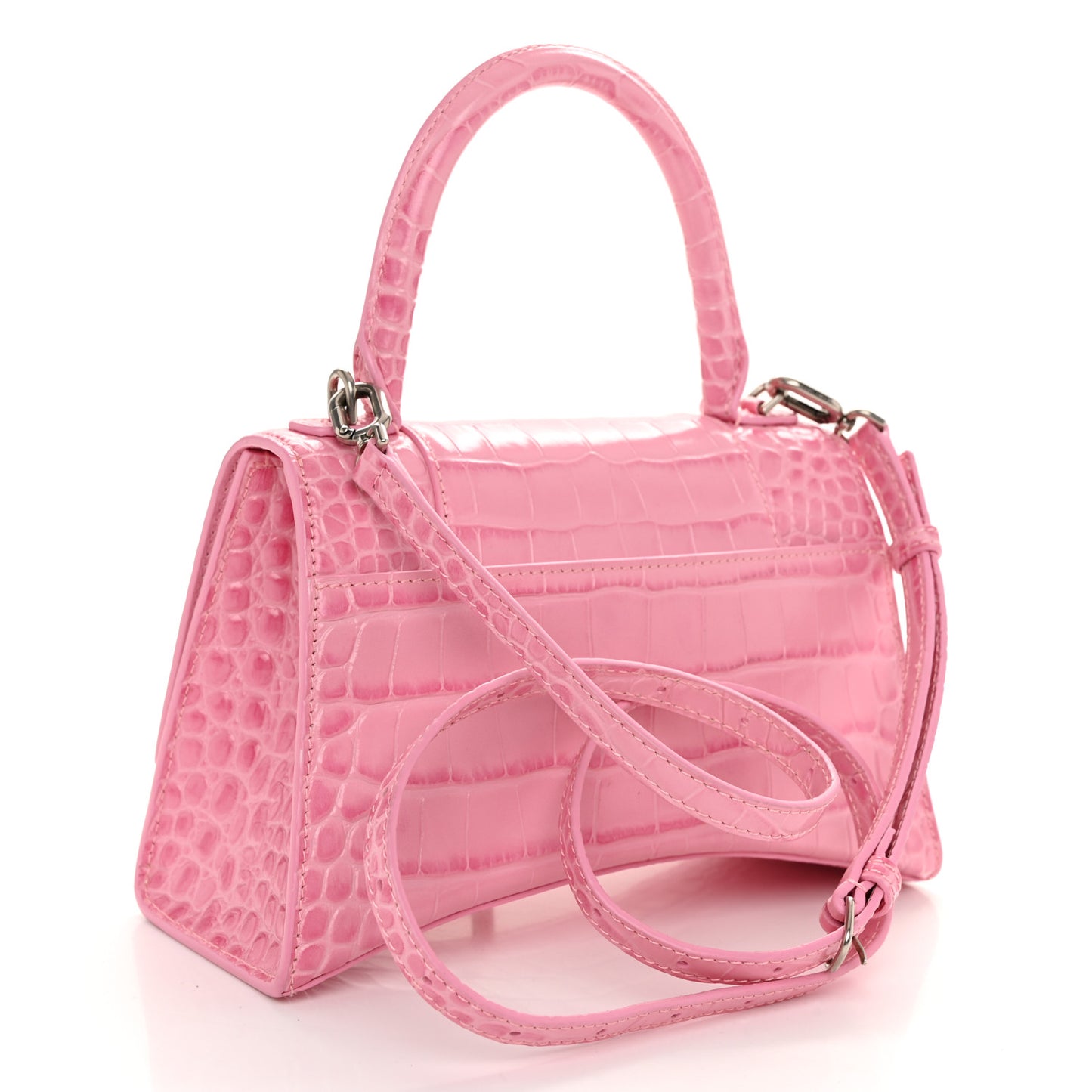 Shiny Calfskin Crocodile Embossed Small Hourglass Top Handle Bag Candy Pink